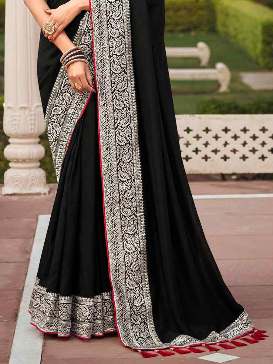 Black Vichitra Embroidered Festival Wedding Heavy Border Saree