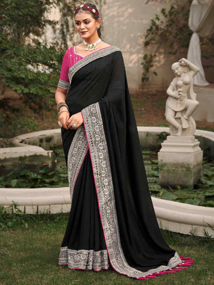 Black Vichitra Embroidered Festival Wedding Heavy Border Saree