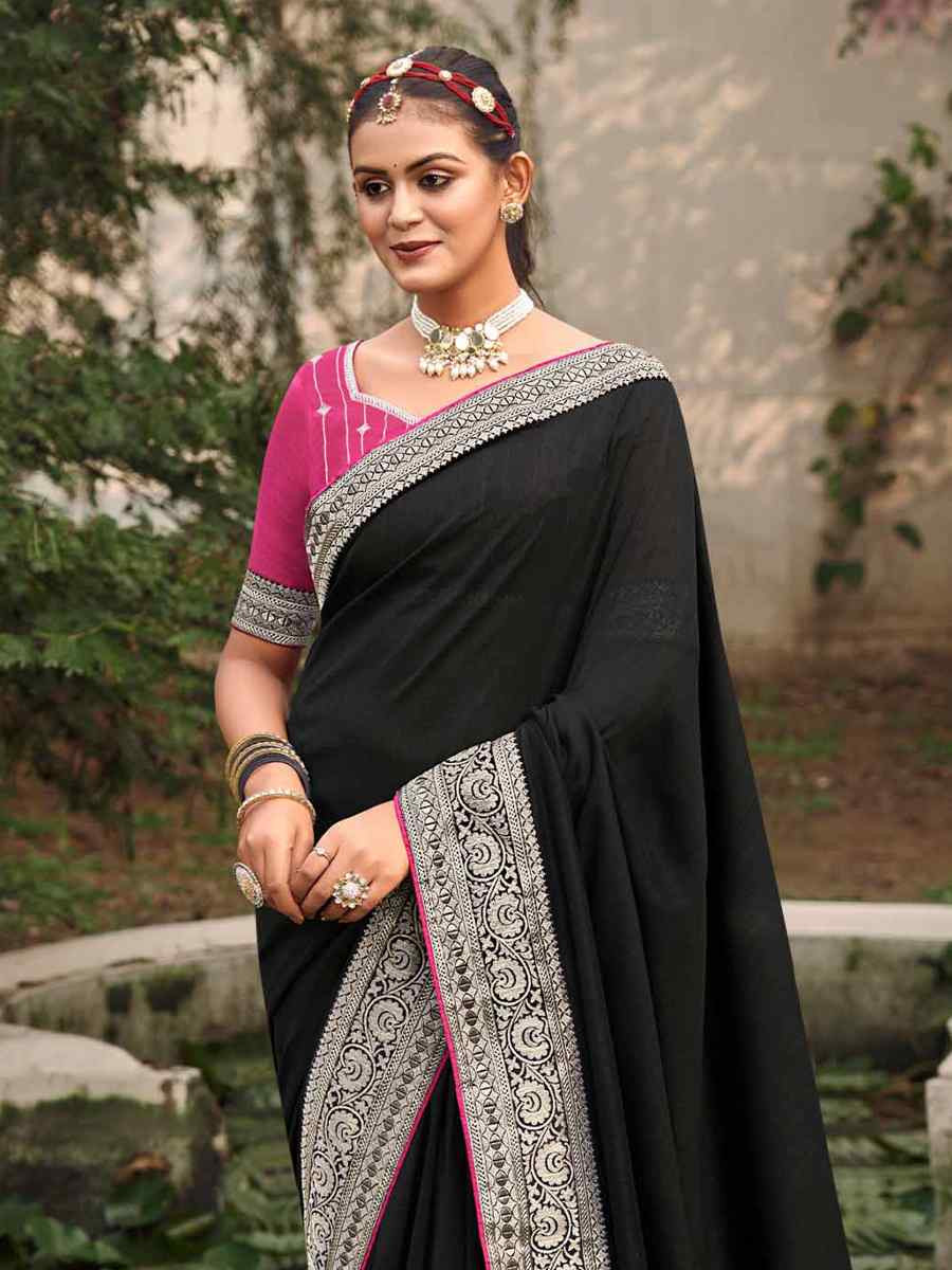 Black Vichitra Embroidered Festival Wedding Heavy Border Saree