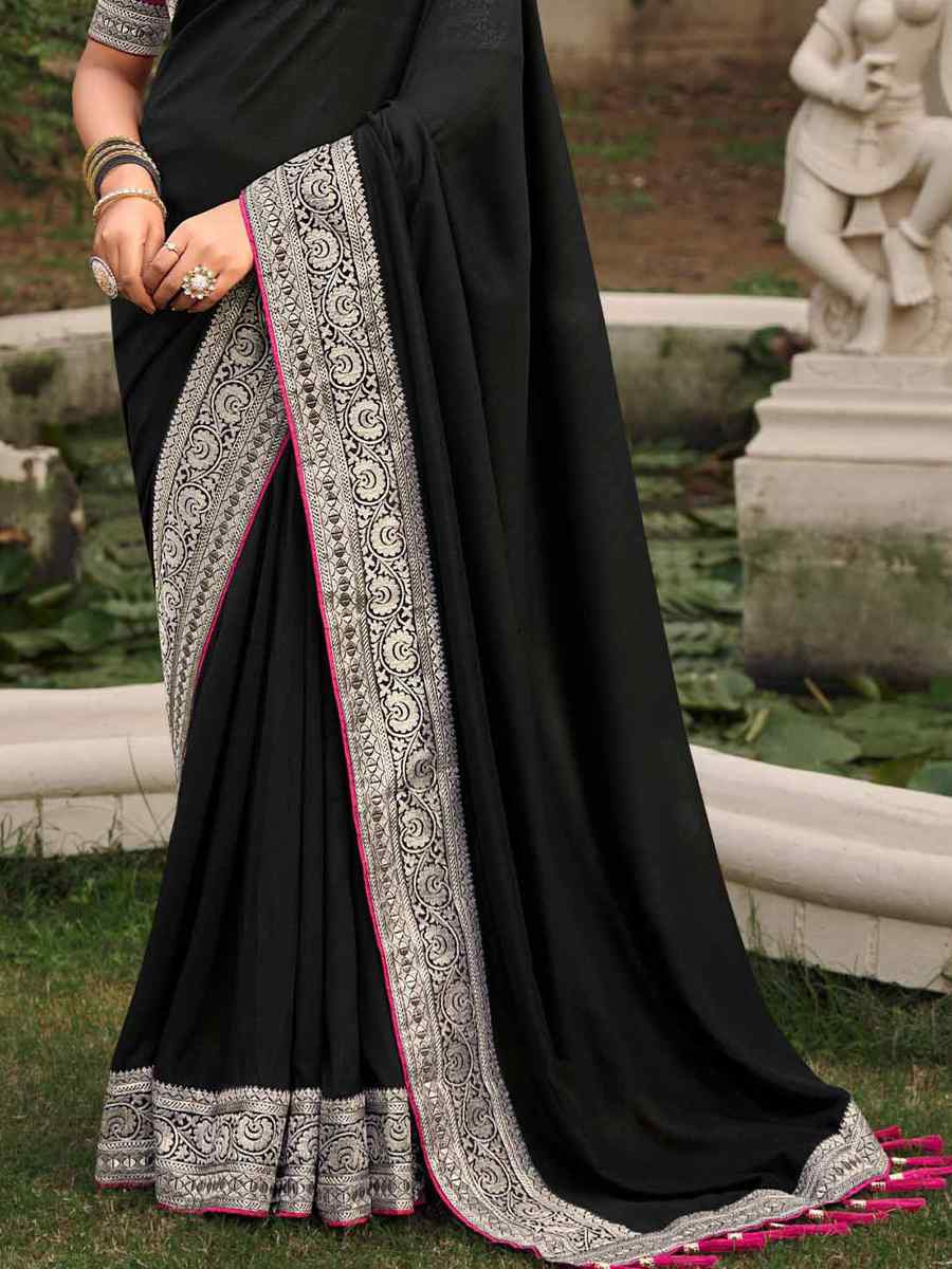 Black Vichitra Embroidered Festival Wedding Heavy Border Saree