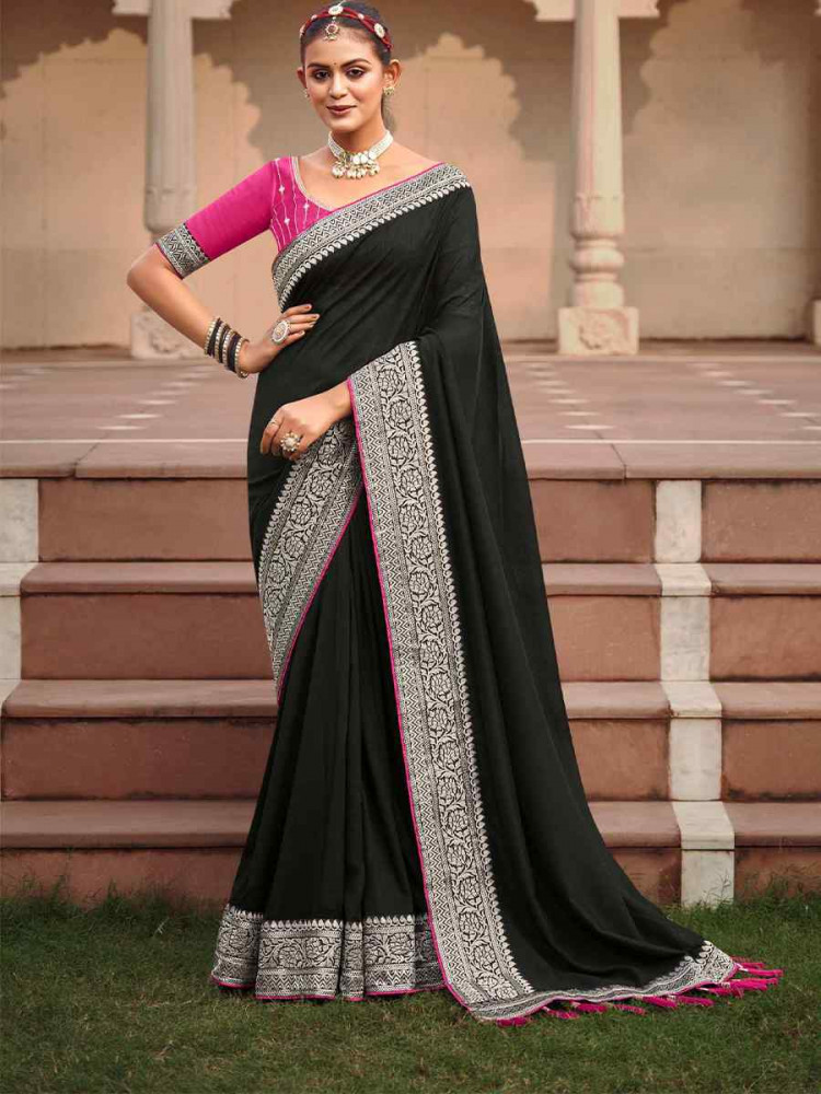 Black Vichitra Embroidered Festival Wedding Heavy Border Saree