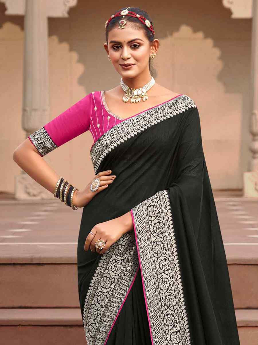 Black Vichitra Embroidered Festival Wedding Heavy Border Saree