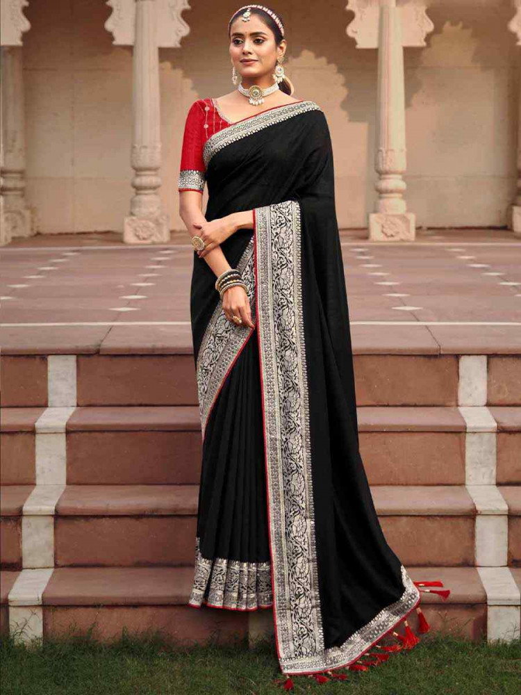 Black Vichitra Embroidered Festival Wedding Heavy Border Saree