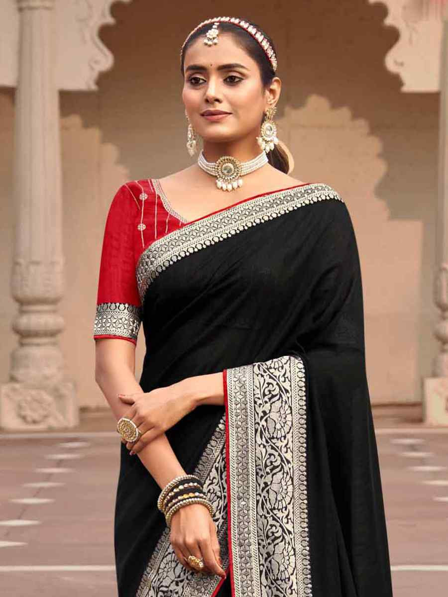 Black Vichitra Embroidered Festival Wedding Heavy Border Saree