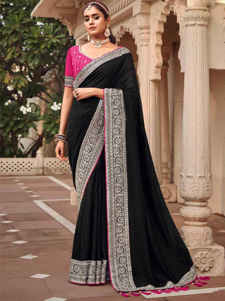 Black Vichitra Embroidered Festival Wedding Heavy Border Saree