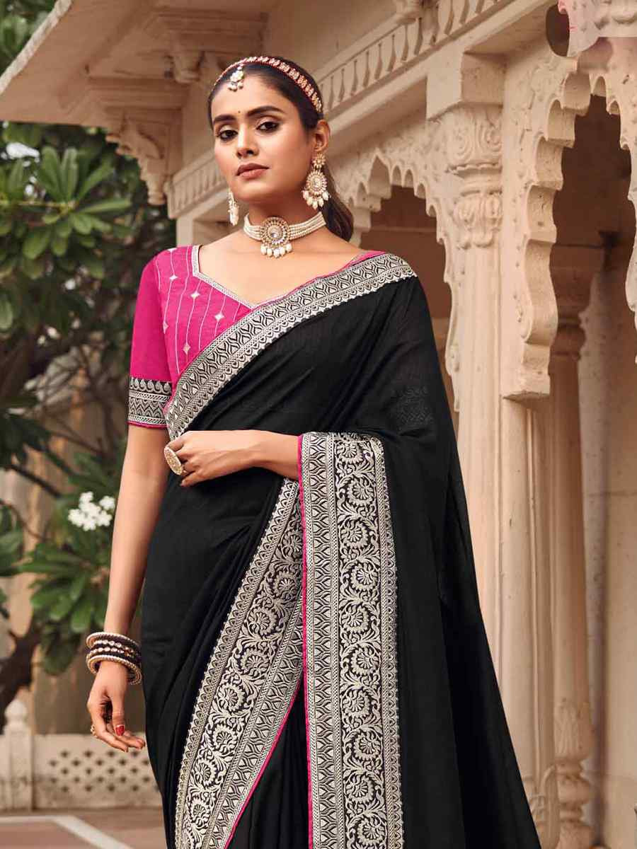 Black Vichitra Embroidered Festival Wedding Heavy Border Saree