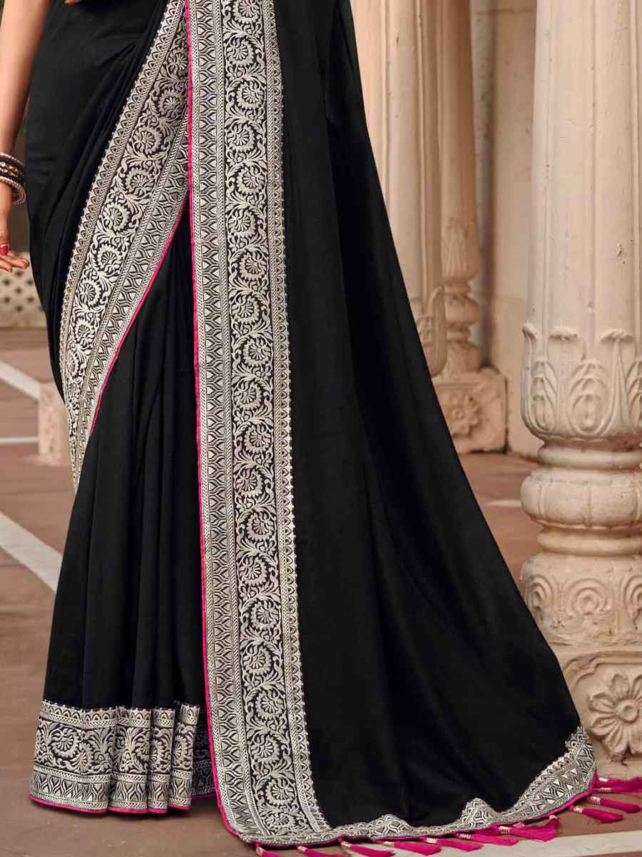 Black Vichitra Embroidered Festival Wedding Heavy Border Saree