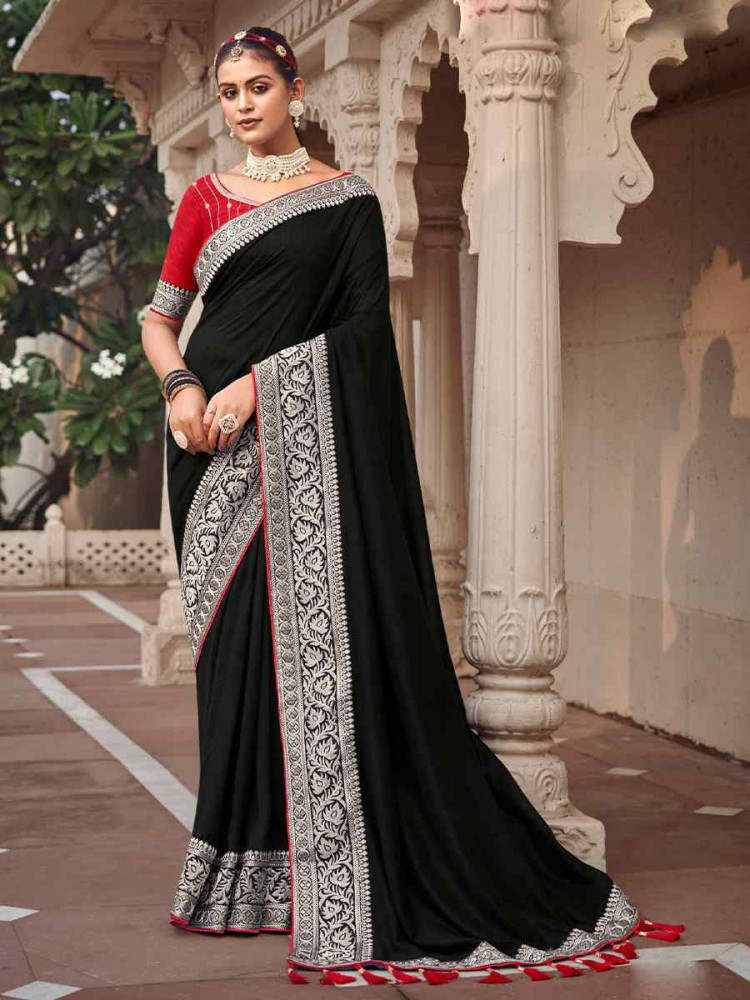 Black Vichitra Embroidered Festival Wedding Heavy Border Saree