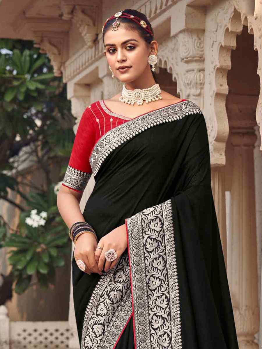 Black Vichitra Embroidered Festival Wedding Heavy Border Saree