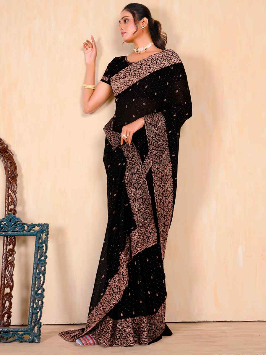 Black Vichitra Embroidered Wedding Party Heavy Border Saree