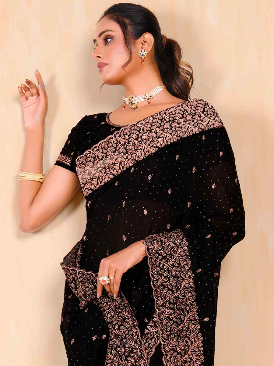 Black Vichitra Embroidered Wedding Party Heavy Border Saree