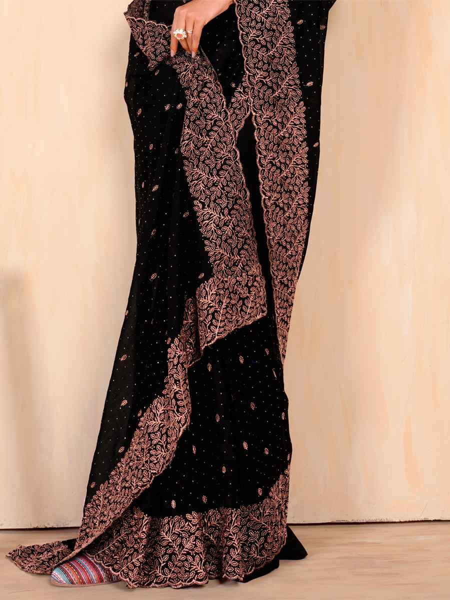 Black Vichitra Embroidered Wedding Party Heavy Border Saree