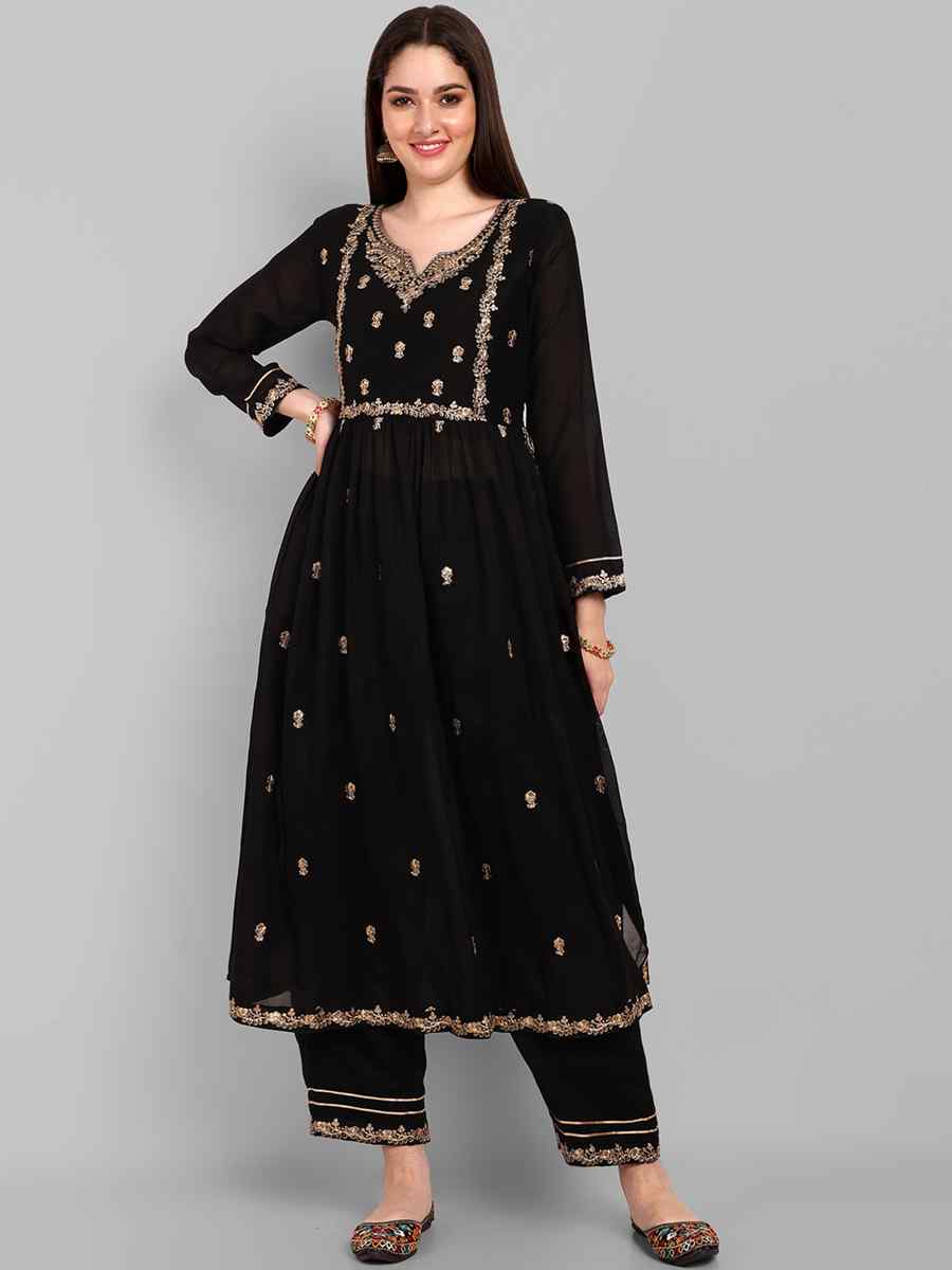 Black Vichitra Silk Embroidered Festival Casual Ready Pant Salwar Kameez