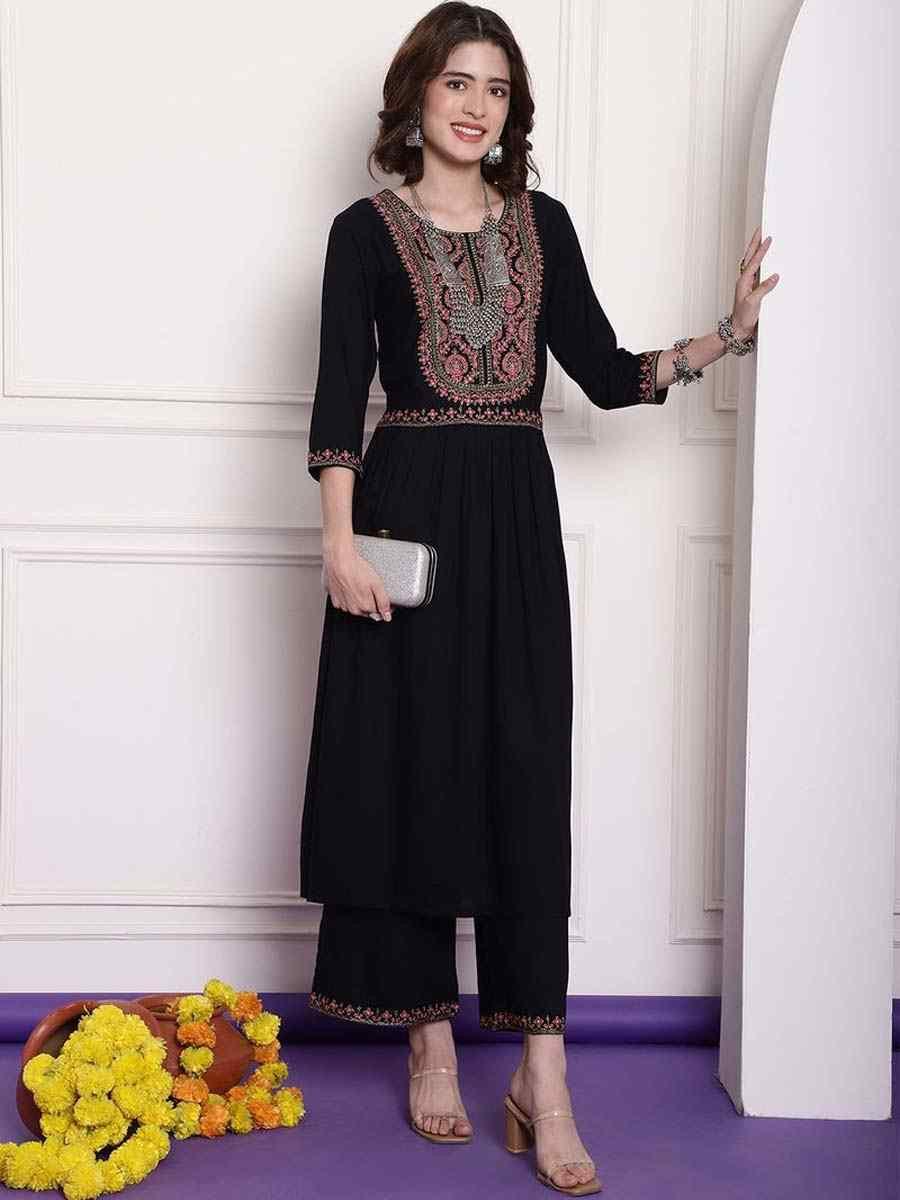 Black Viscose Embroidered Festival Casual Kurti