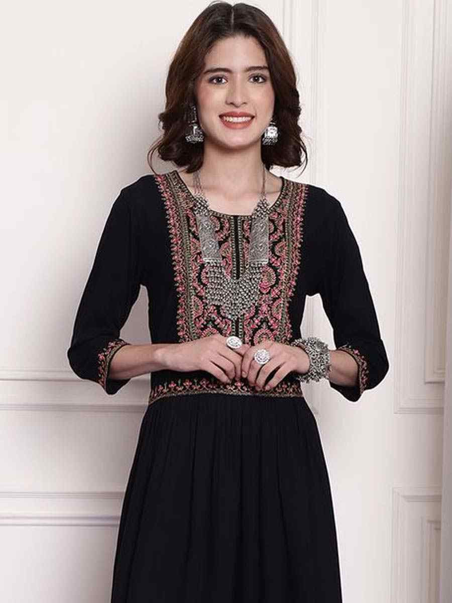 Black Viscose Embroidered Festival Casual Kurti