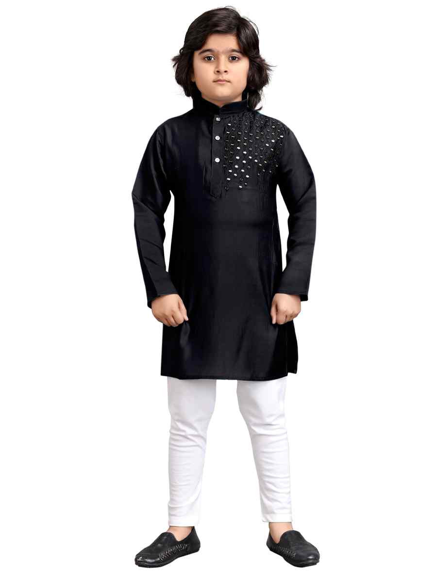 Black Viscose Embroidered Wedding Casual Kurta Pyjama Boys Wear