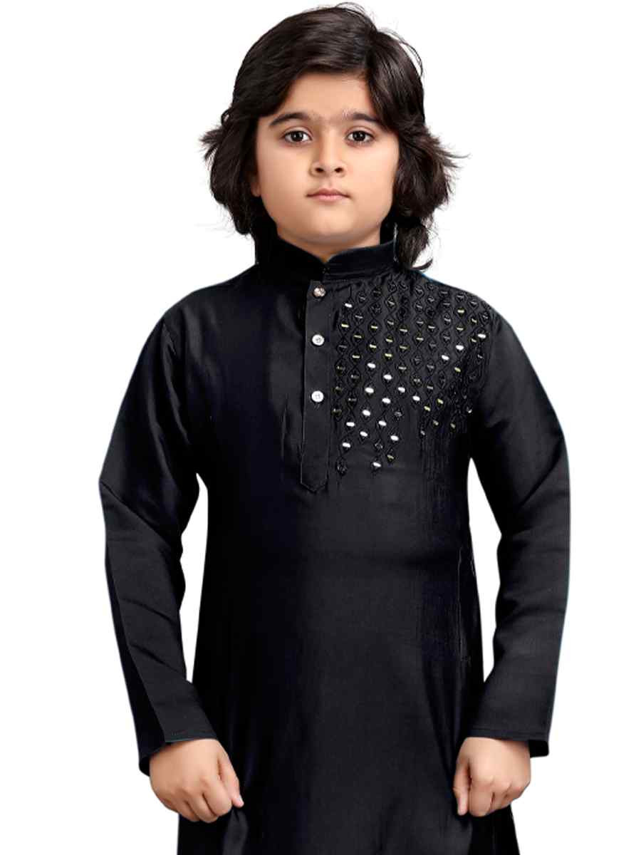 Black Viscose Embroidered Wedding Casual Kurta Pyjama Boys Wear