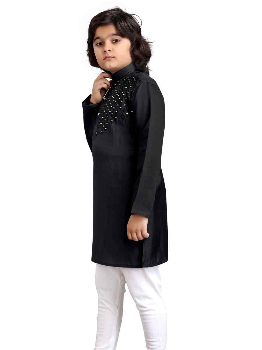 Black Viscose Embroidered Wedding Casual Kurta Pyjama Boys Wear