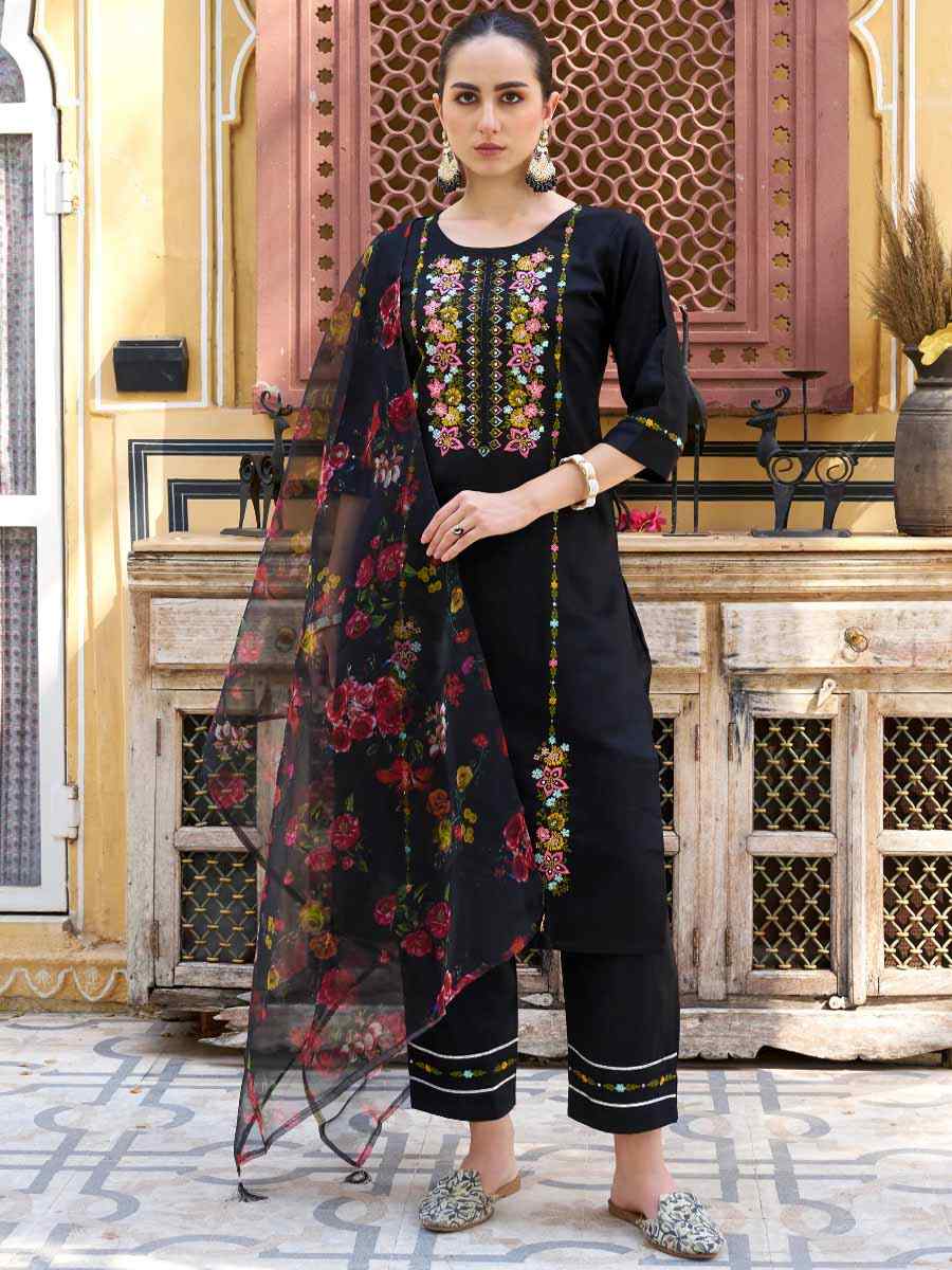 Black Viscose Rayon Embroidered Festival Mehendi Ready Pant Salwar Kameez