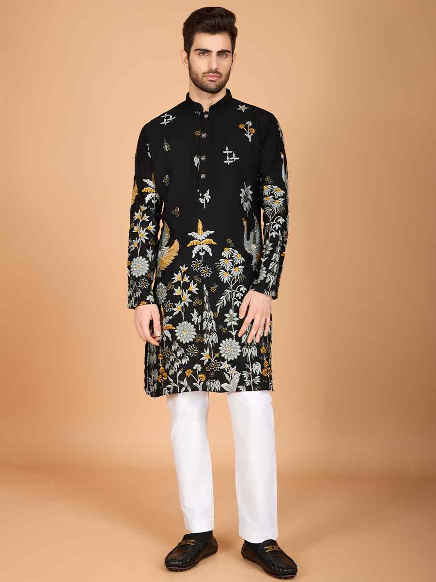 Black Viscose Rayon Embroidered Festival Wedding Kurta