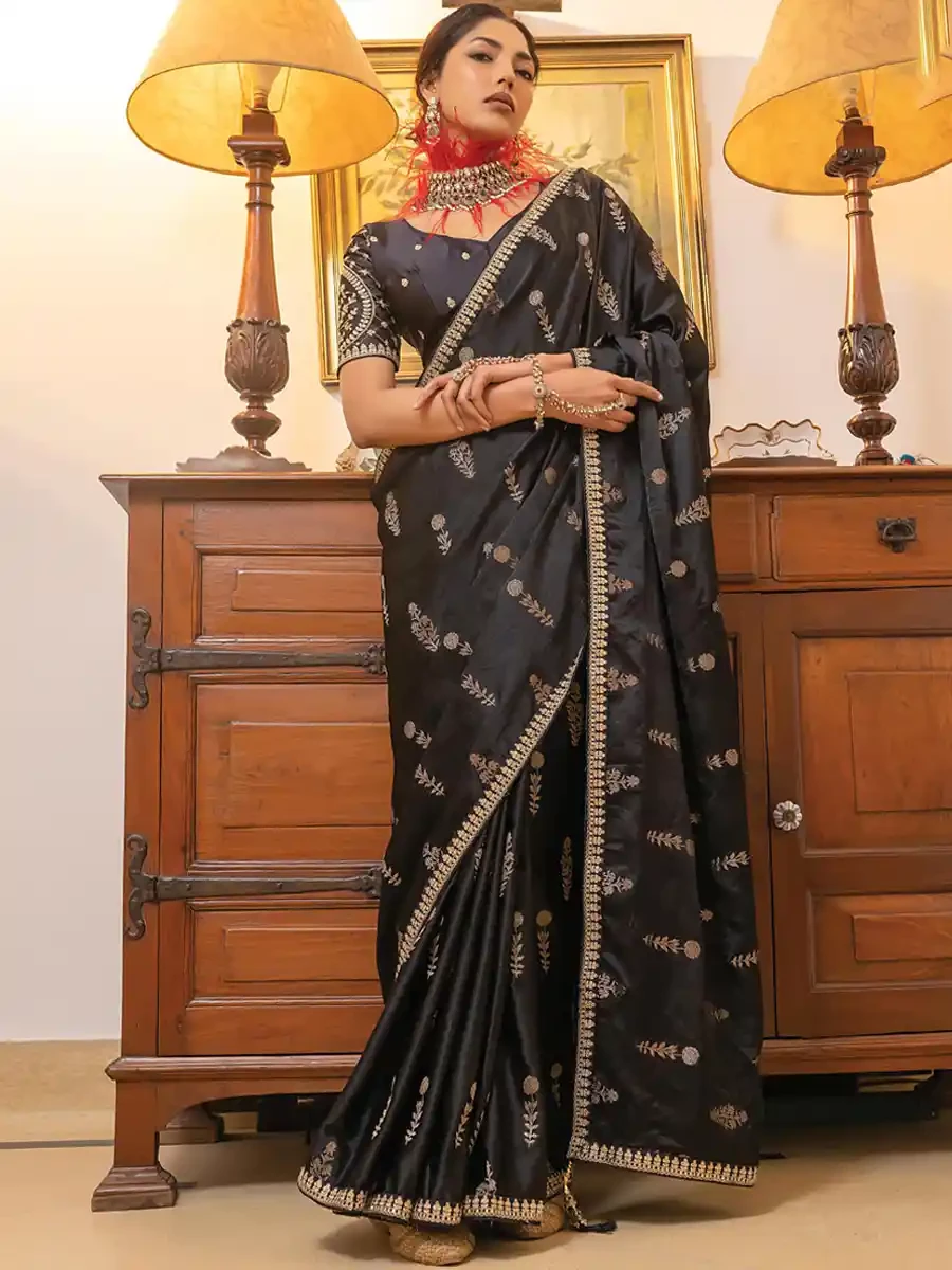 Black Viscose Satin Silk Embroidered Reception Party Heavy Border Saree