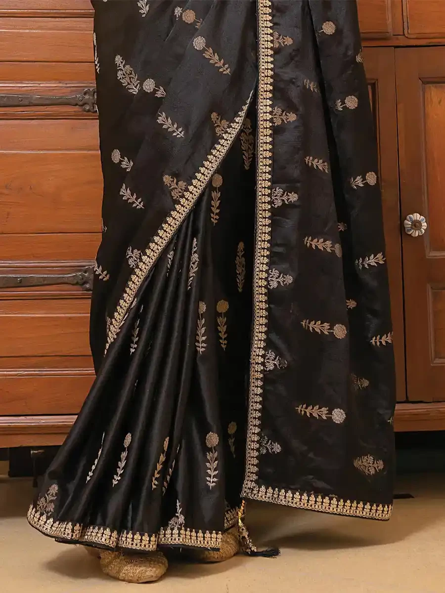 Black Viscose Satin Silk Embroidered Reception Party Heavy Border Saree