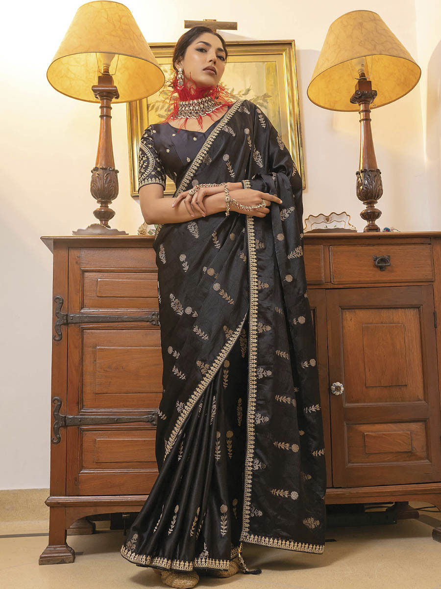 Black Viscose Satin Silk Embroidery Festival Casual Classic Style Saree