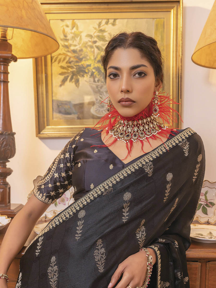 Black Viscose Satin Silk Embroidery Festival Casual Classic Style Saree