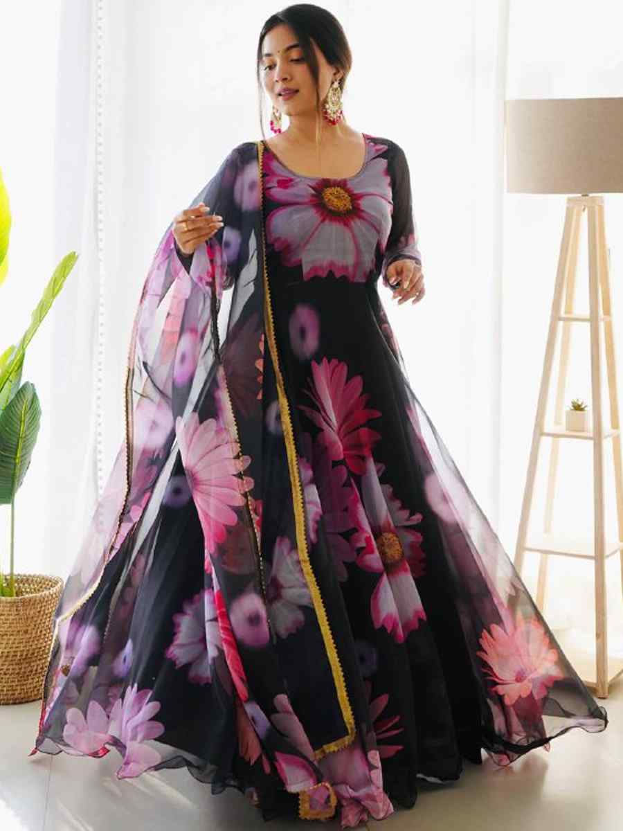 Black Viscose Tabby Silk Printed Festival Casual Gown