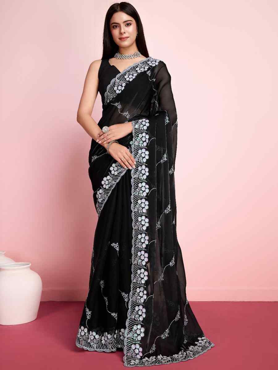 Black Zimmy Chu Silk Embroidered Wedding Party Heavy Border Saree