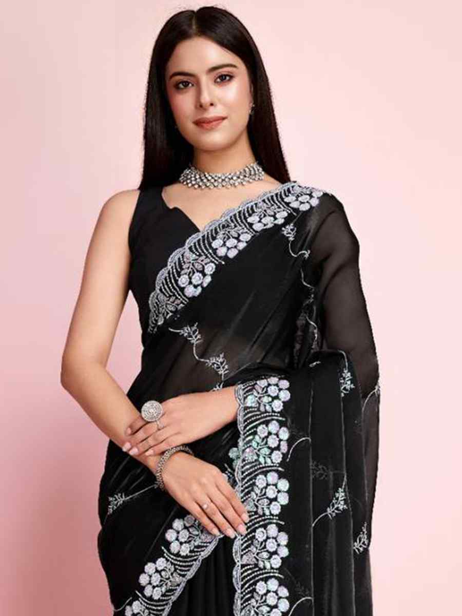 Black Zimmy Chu Silk Embroidered Wedding Party Heavy Border Saree