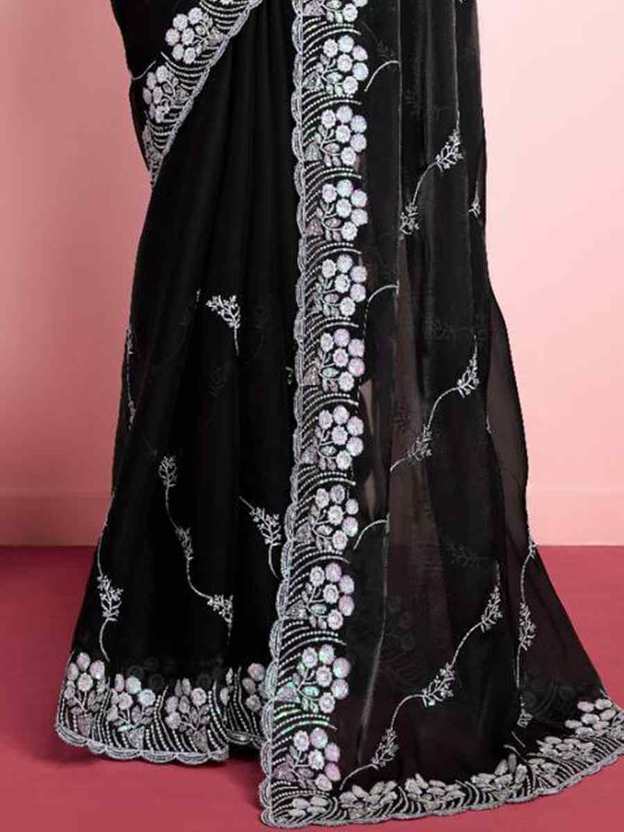 Black Zimmy Chu Silk Embroidered Wedding Party Heavy Border Saree