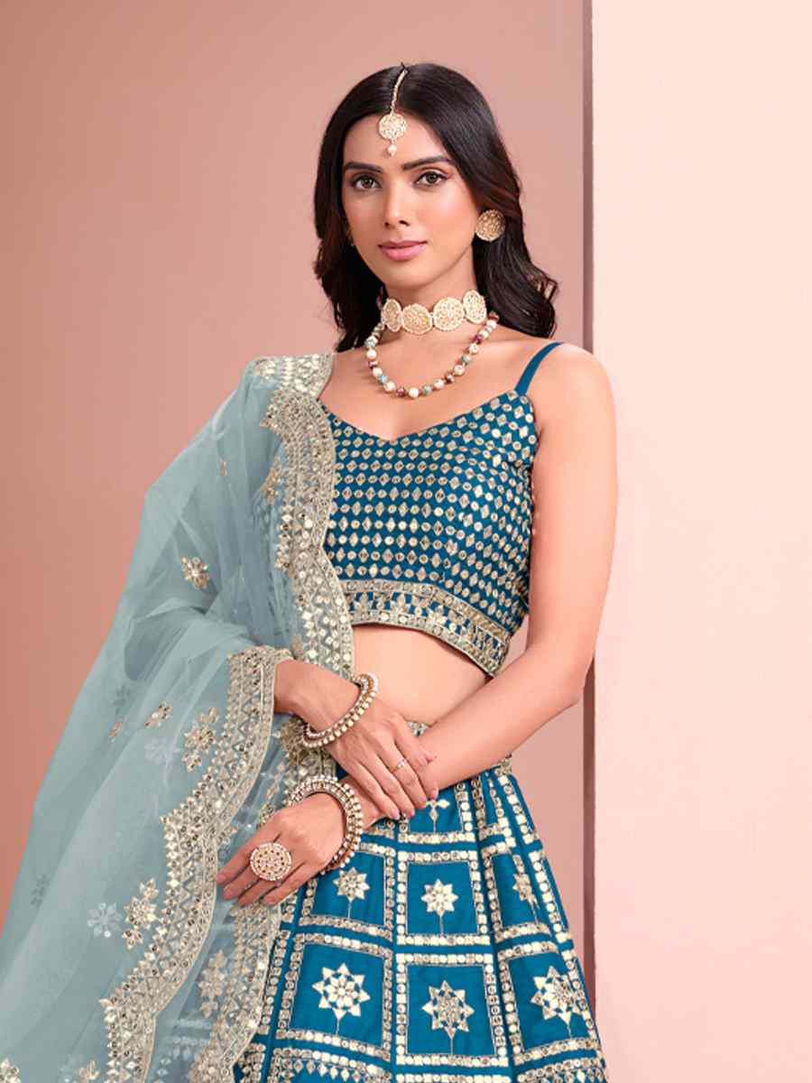 Blue Art Silk Embroidered Wedding Festival Heavy Border Lehenga Choli