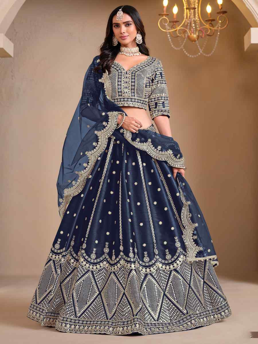 Blue Art Silk Embroidered Wedding Festival Heavy Border Lehenga Choli