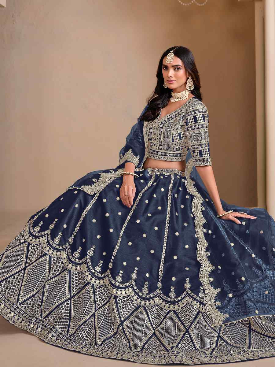 Blue Art Silk Embroidered Wedding Festival Heavy Border Lehenga Choli