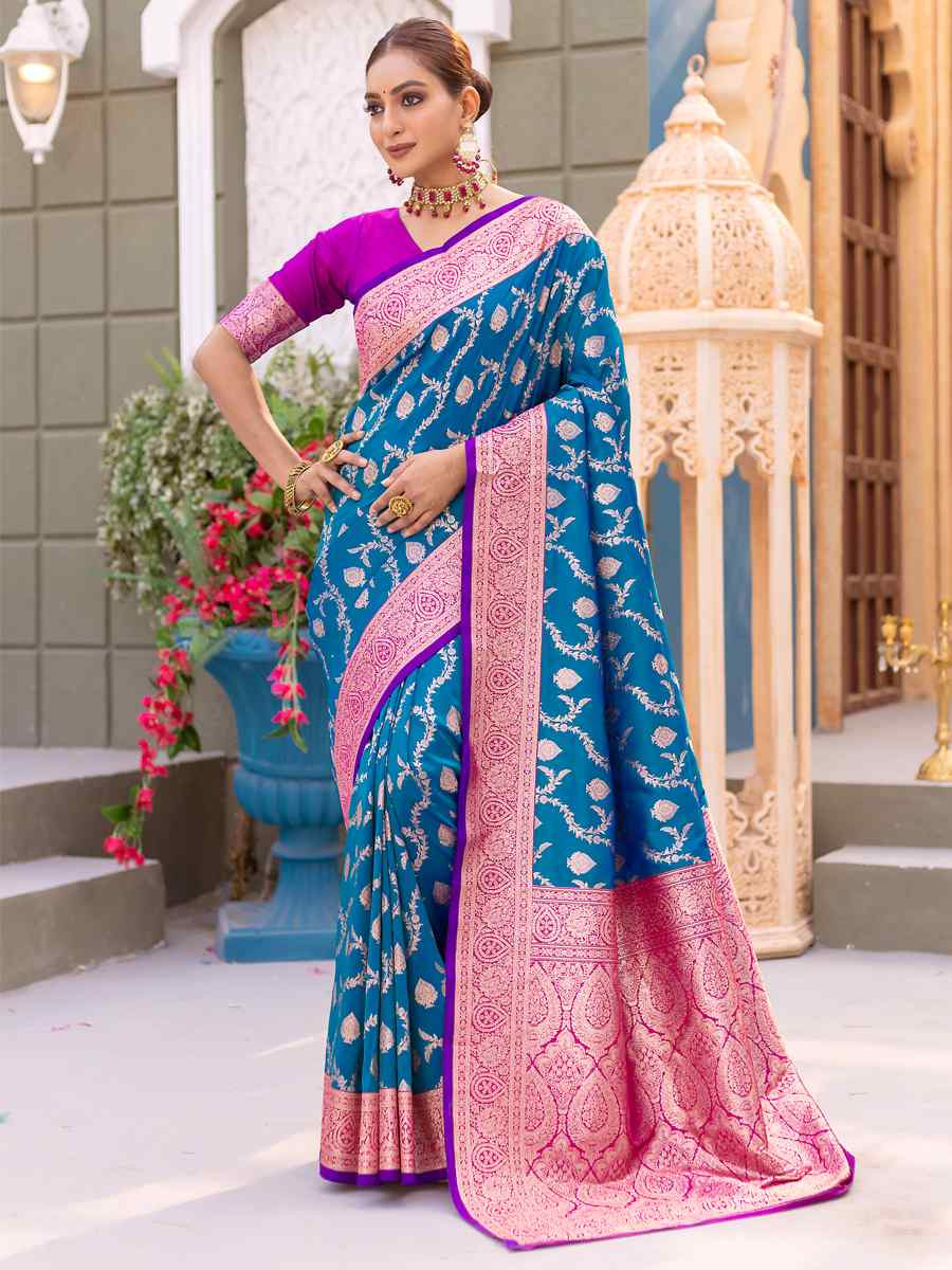 Blue Banarasi Satin Silk Handwoven Festival Wedding Heavy Border Saree