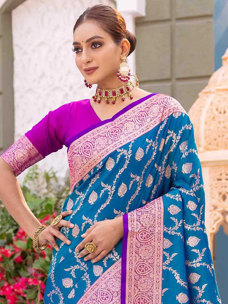 Blue Banarasi Satin Silk Handwoven Festival Wedding Heavy Border Saree