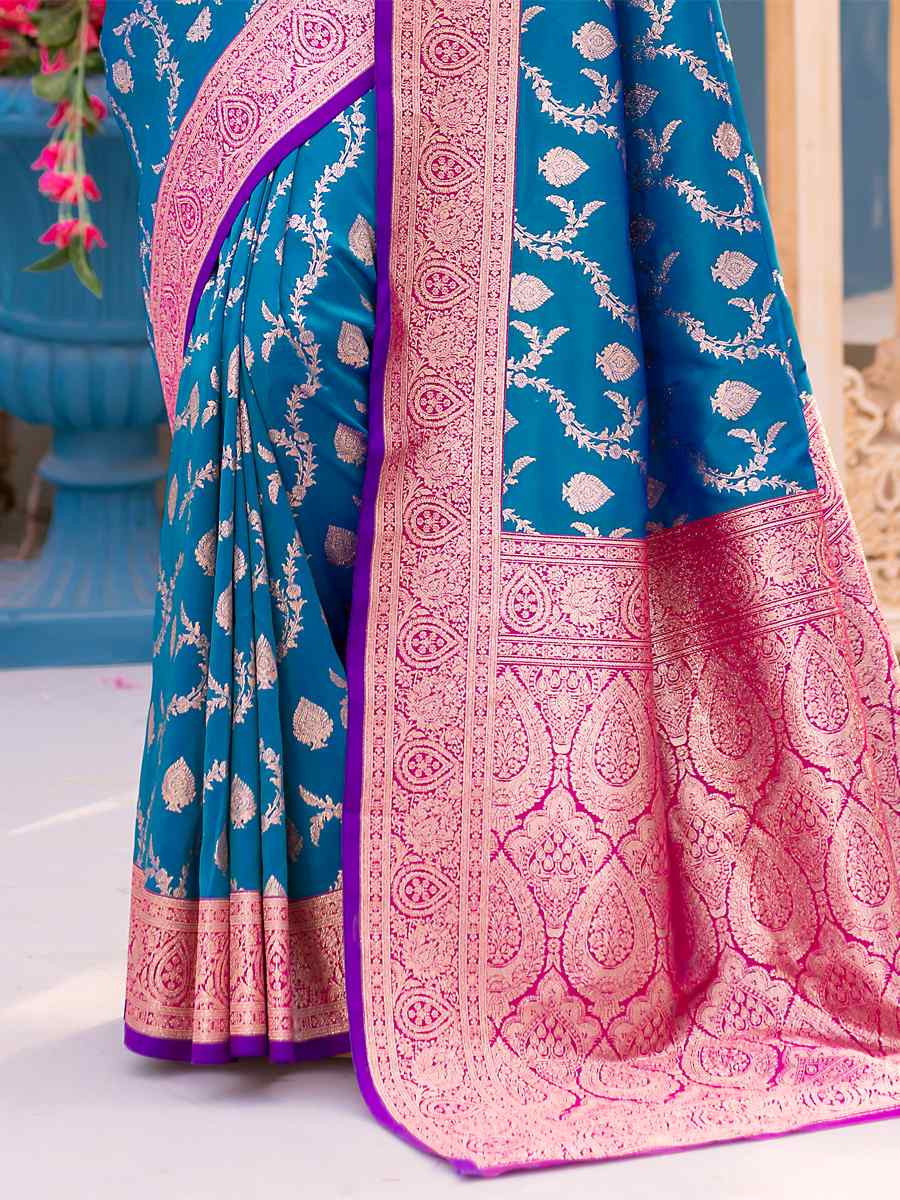 Blue Banarasi Satin Silk Handwoven Festival Wedding Heavy Border Saree