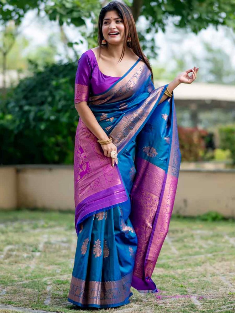 Blue Banarasi Silk Handwoven Festival Wedding Heavy Border Saree