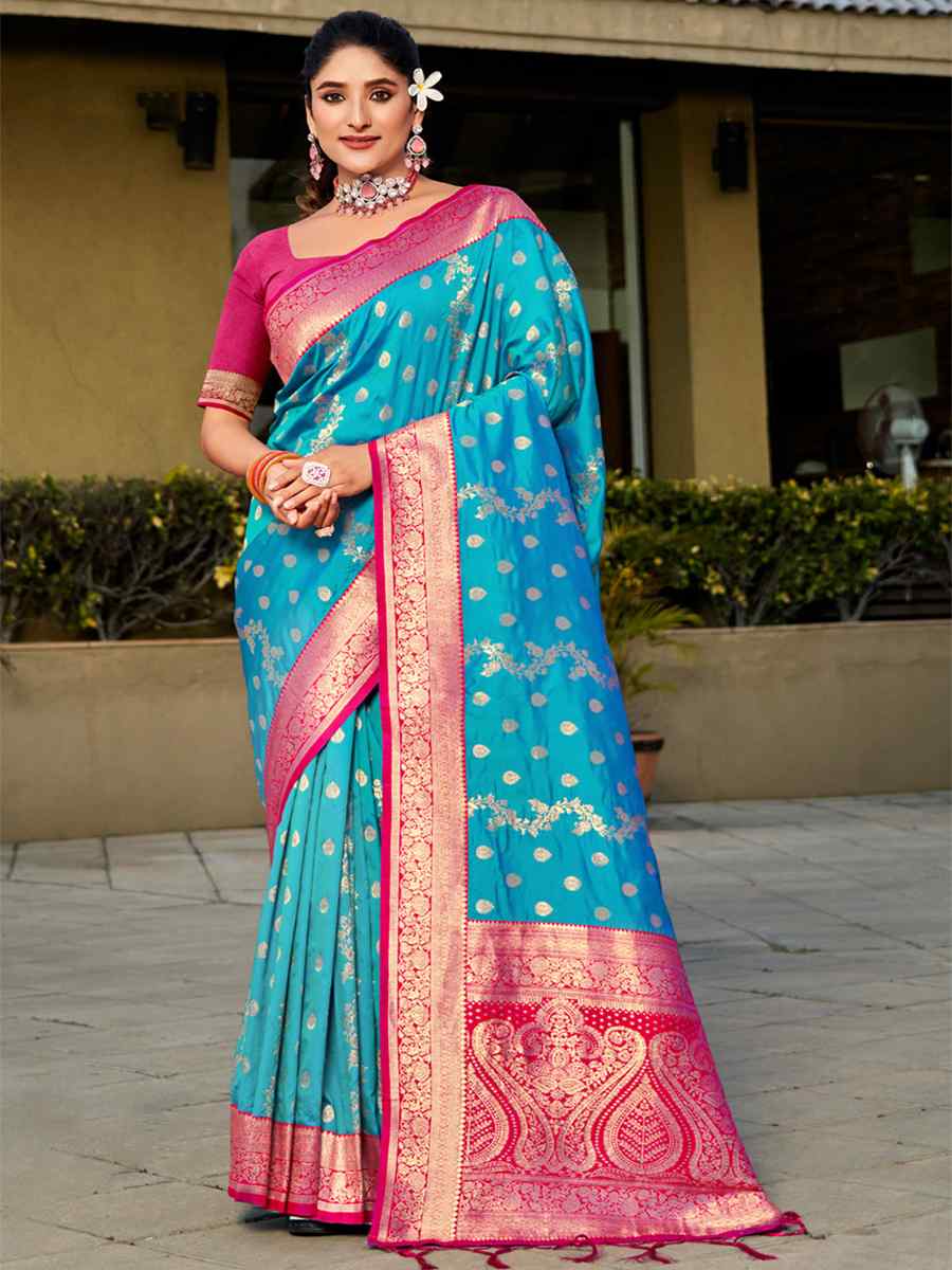 Blue Banarasi Silk Handwoven Wedding Festival Heavy Border Saree