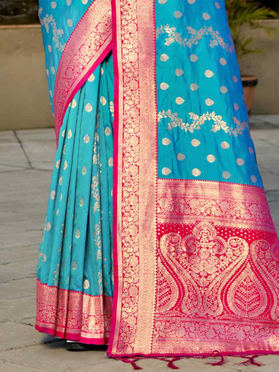 Blue Banarasi Silk Handwoven Wedding Festival Heavy Border Saree