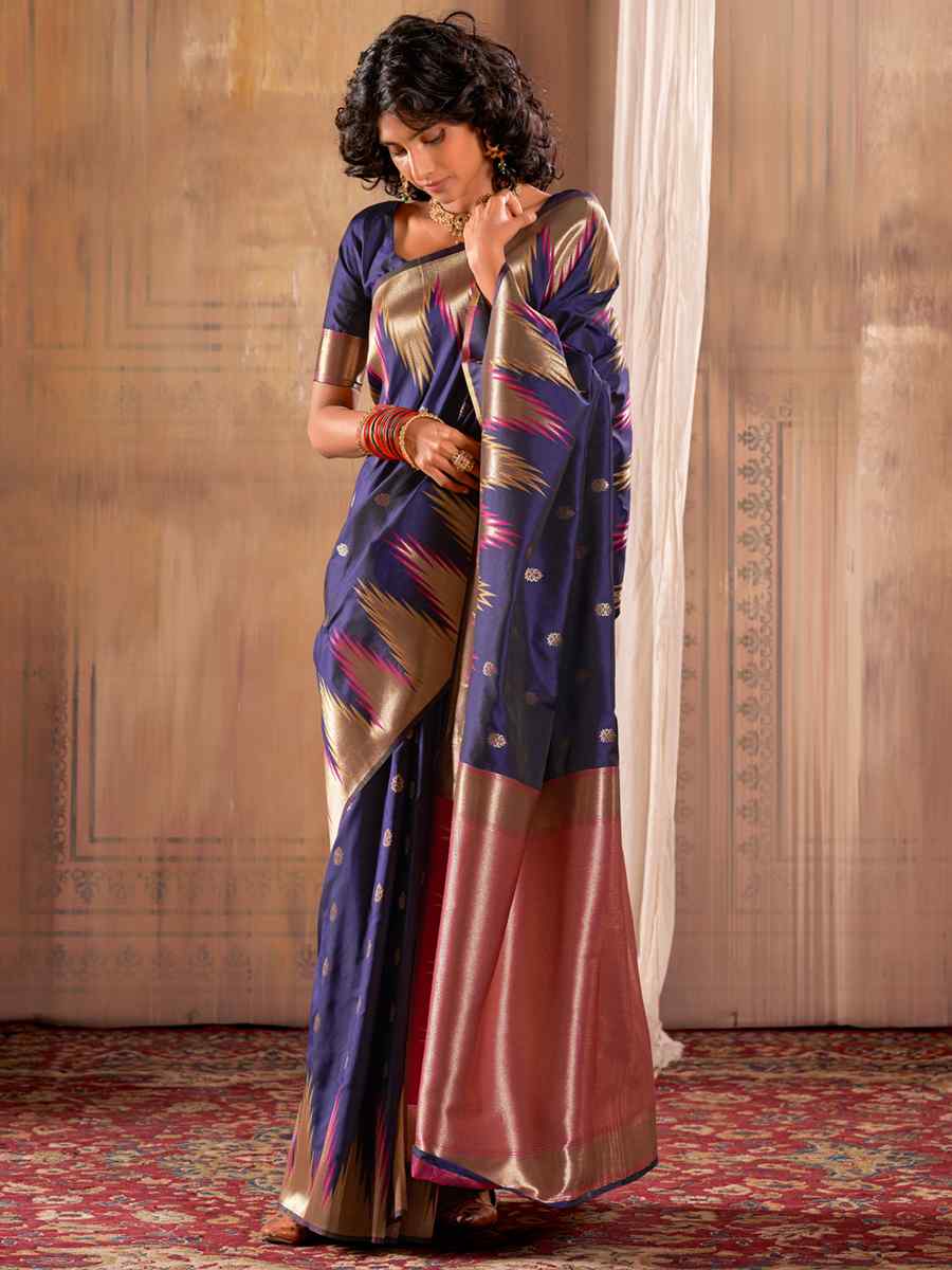 Blue Banarasi Silk Handwoven Wedding Festival Heavy Border Saree