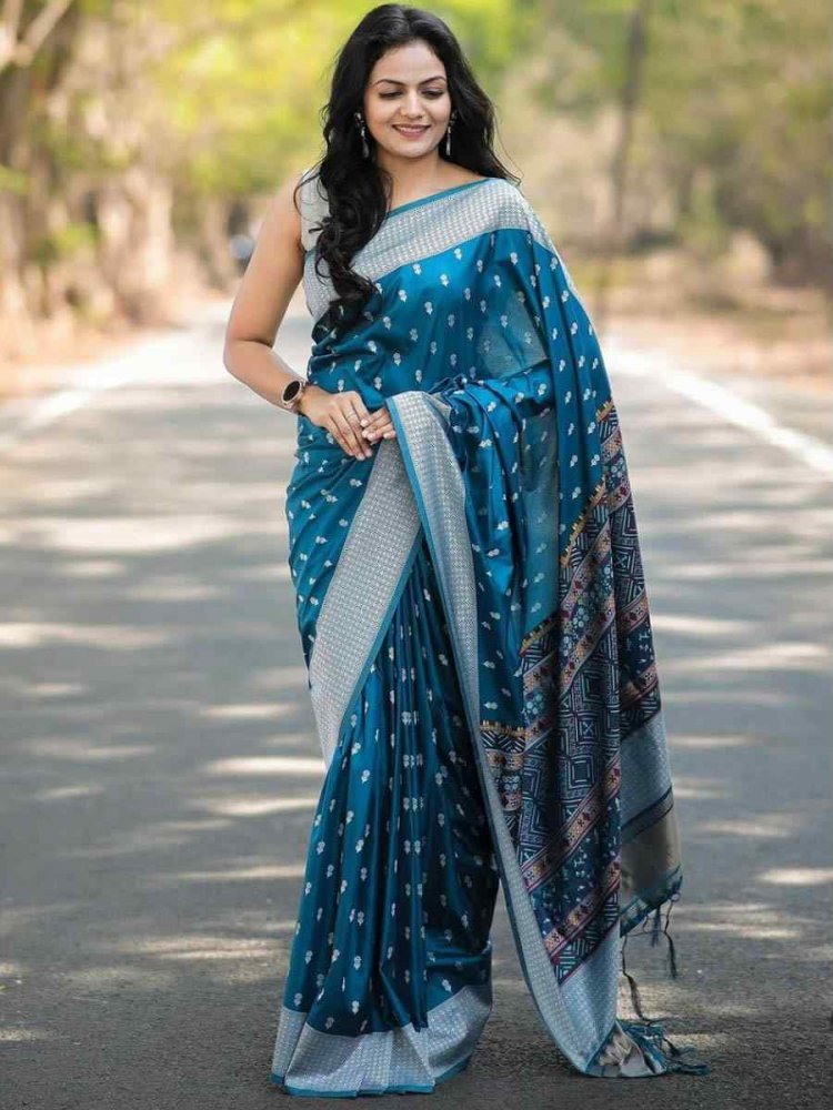 Blue Banarasi Soft Silk Handwoven Festival Casual Heavy Border Saree