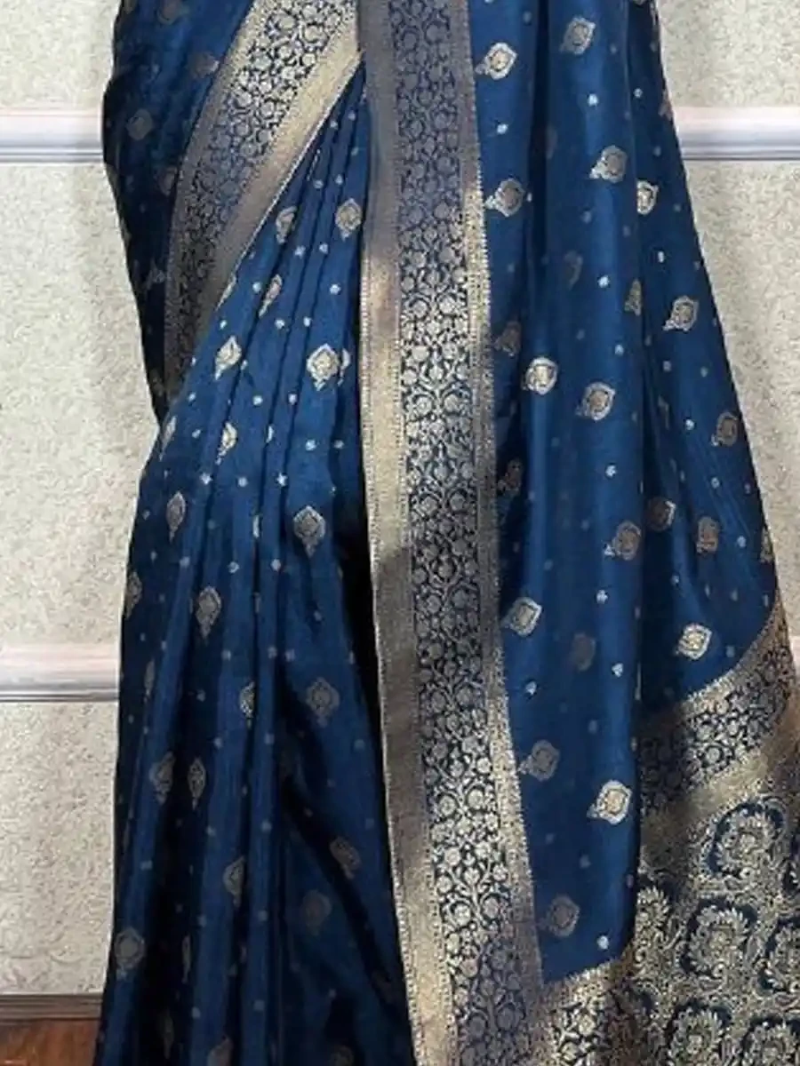 Blue Banarasi Soft Silk Handwoven Festival Wedding Heavy Border Saree