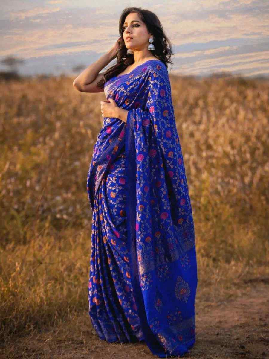 Blue Banarasi Soft Silk Handwoven Festival Wedding Heavy Border Saree