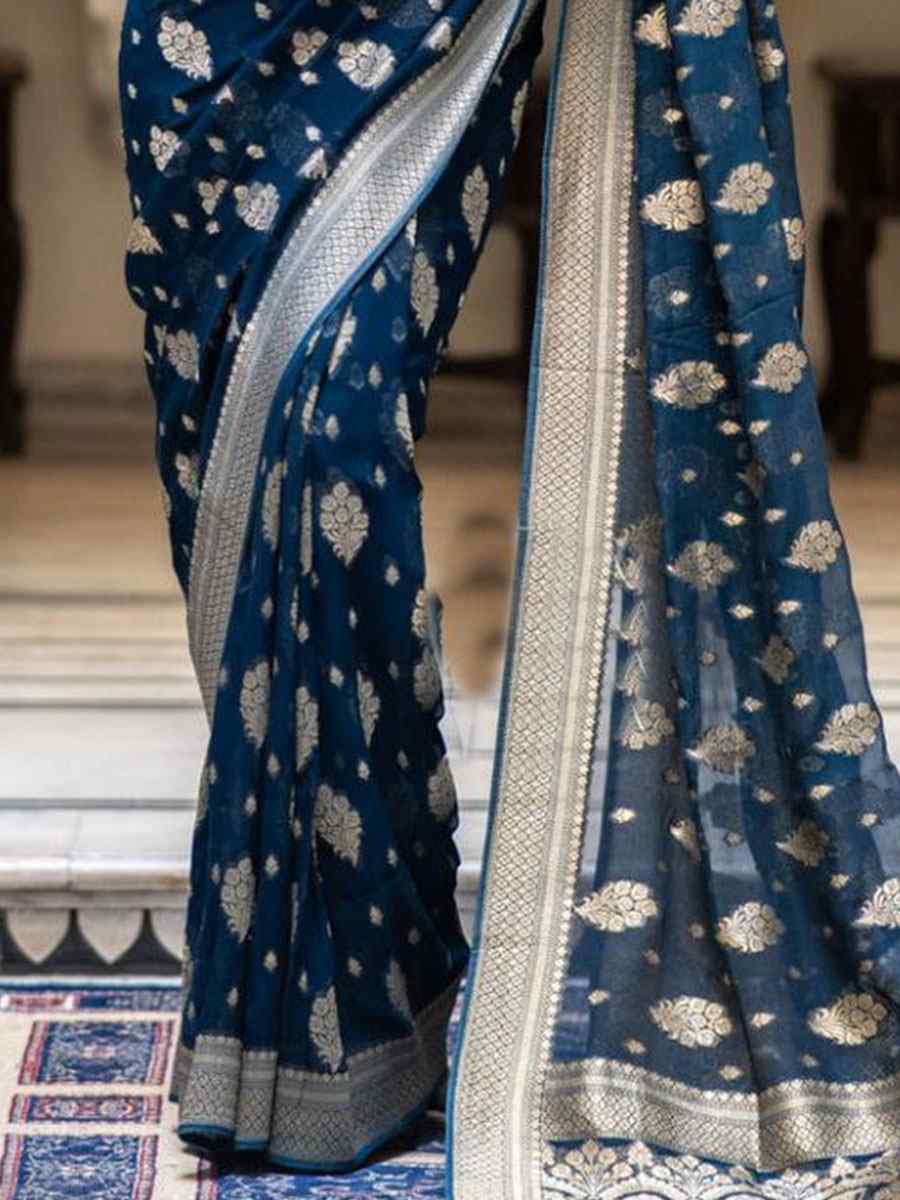 Blue Banarasi Soft Silk Handwoven Wedding Festival Heavy Border Saree