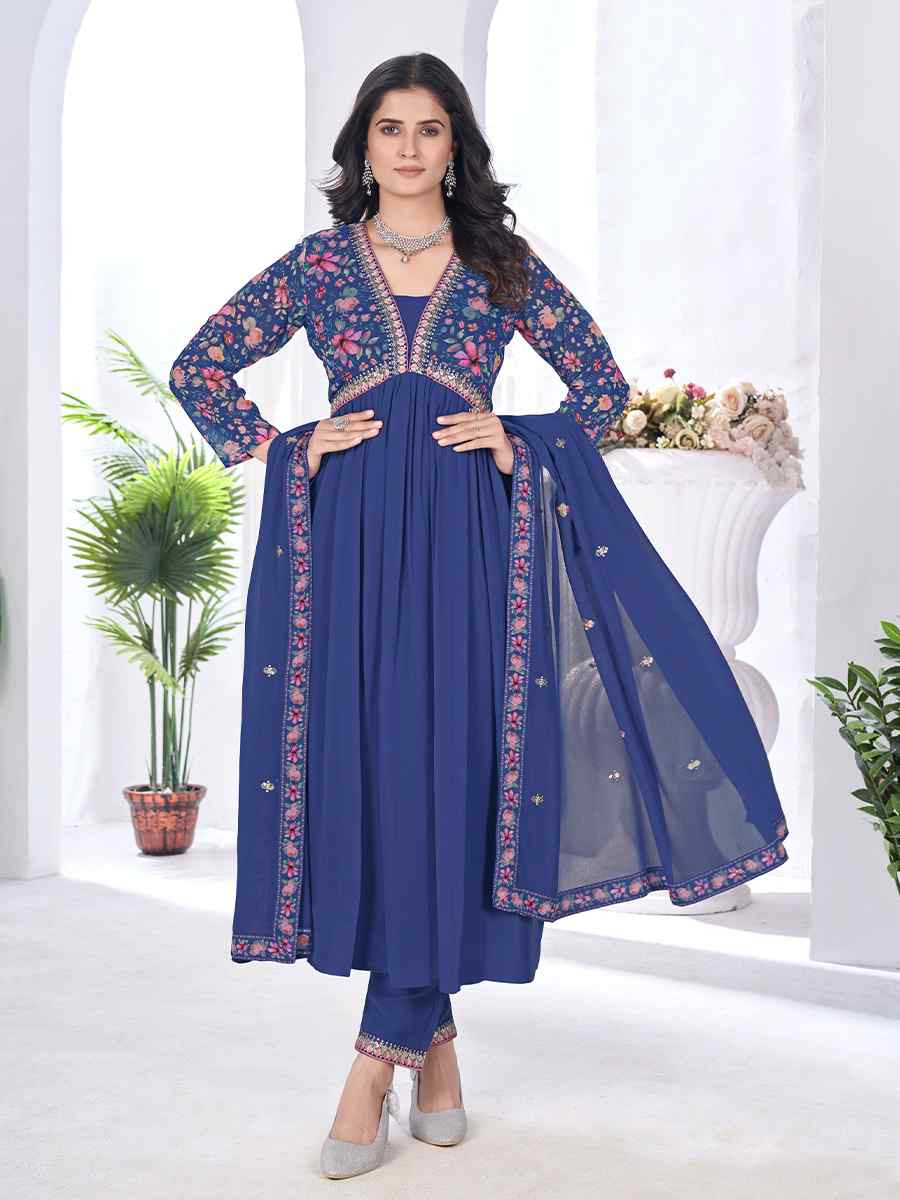 Blue Blooming Georgette Embroidered Festival Casual Ready Anarkali Salwar Kameez