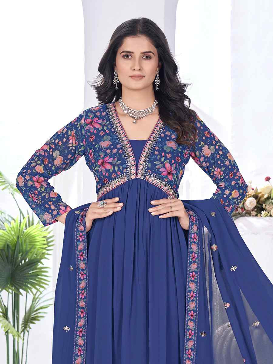 Blue Blooming Georgette Embroidered Festival Casual Ready Anarkali Salwar Kameez