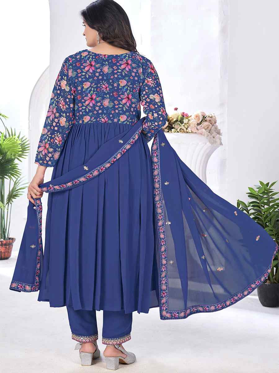 Blue Blooming Georgette Embroidered Festival Casual Ready Anarkali Salwar Kameez