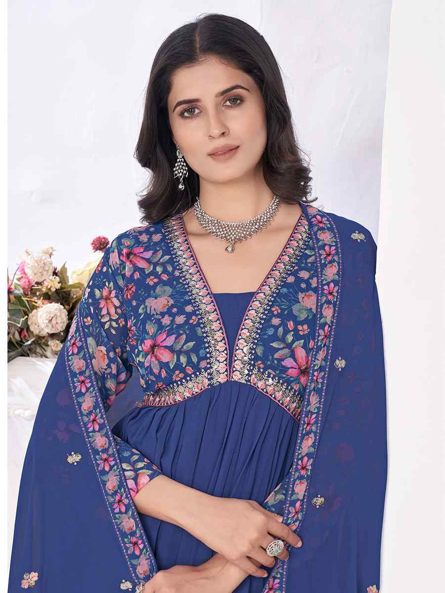 Blue Blooming Georgette Embroidered Festival Casual Ready Anarkali Salwar Kameez